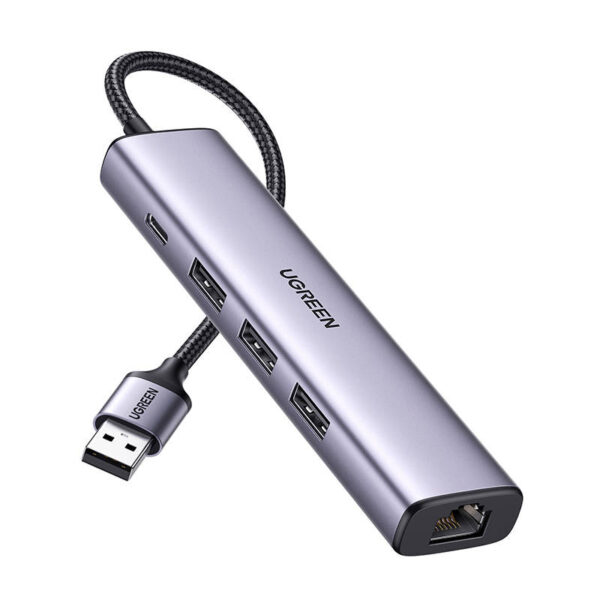 Adapter UGREEN 5w1 USB-A do 3x USB 3.0 + RJ45 + USB-C (szary)