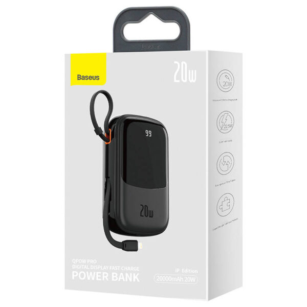 Powerbank Baseus Qpow PRO z kablem Lightning, portem USB-C i USB, 20000mAh, 20W (czarny) - obrazek 6