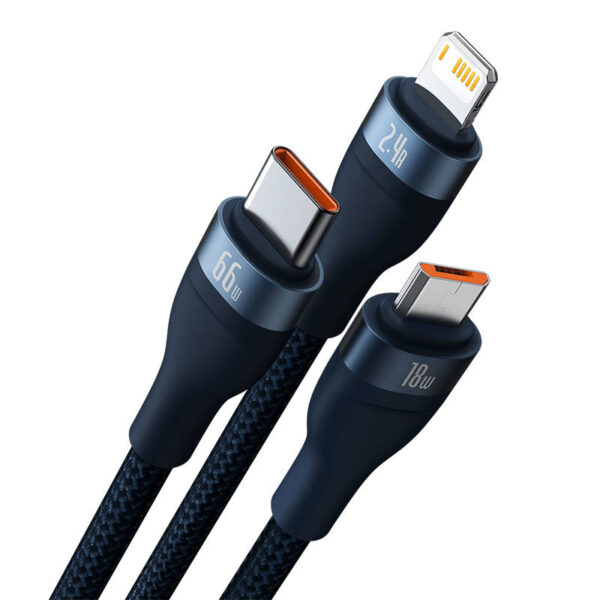 Kabel USB 3w1 Baseus Flash Series, USB-C + micro USB + Lightning, 66W, 1.2m (niebieski) - obrazek 3