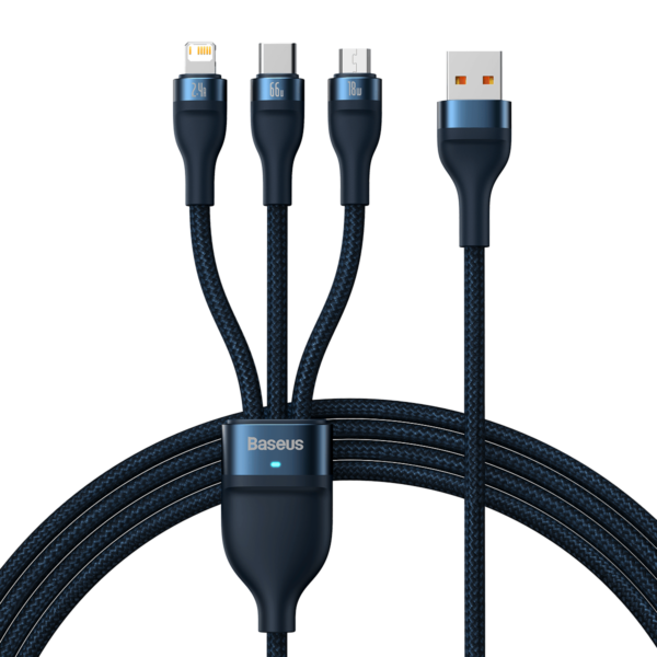 Kabel USB 3w1 Baseus Flash Series, USB-C + micro USB + Lightning, 66W, 1.2m (niebieski) - obrazek 2