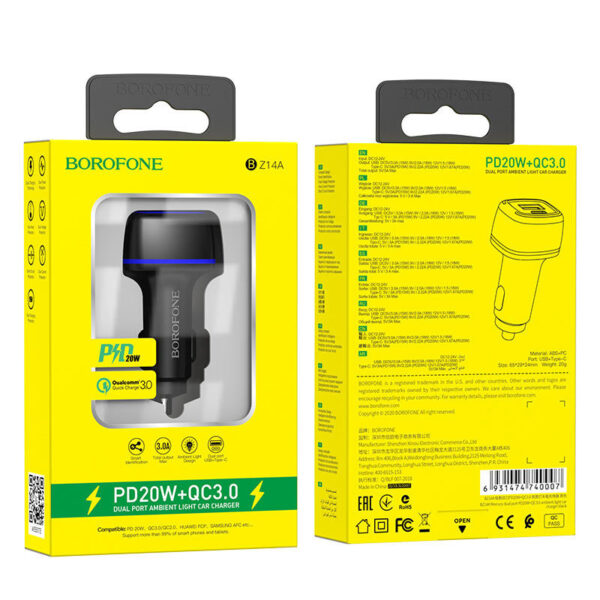 Borofone Ładowarka samochodowa BZ14A Mercury - USB + Typ C - QC 3.0 PD 20W 3A czarna - obrazek 6