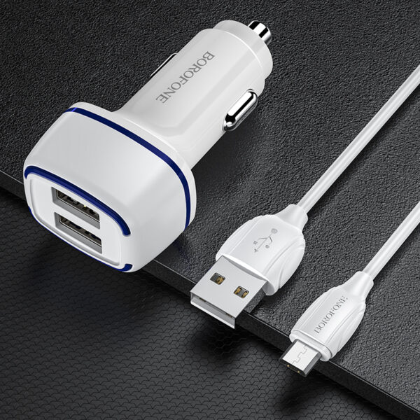 Borofone Ładowarka samochodowa BZ14 Max - 2xUSB - 2,4A z kablem USB na Micro USB biała - obrazek 6