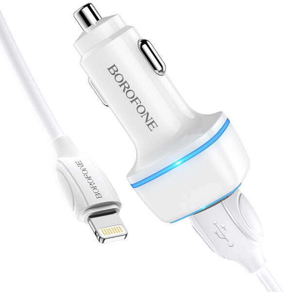 Borofone Ładowarka samochodowa BZ14 Max - 2xUSB - 2,4A z kablem USB na Lightning biała - obrazek 3