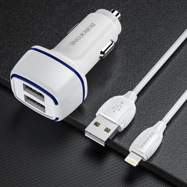 Borofone Ładowarka samochodowa BZ14 Max - 2xUSB - 2,4A z kablem USB na Lightning biała - obrazek 4