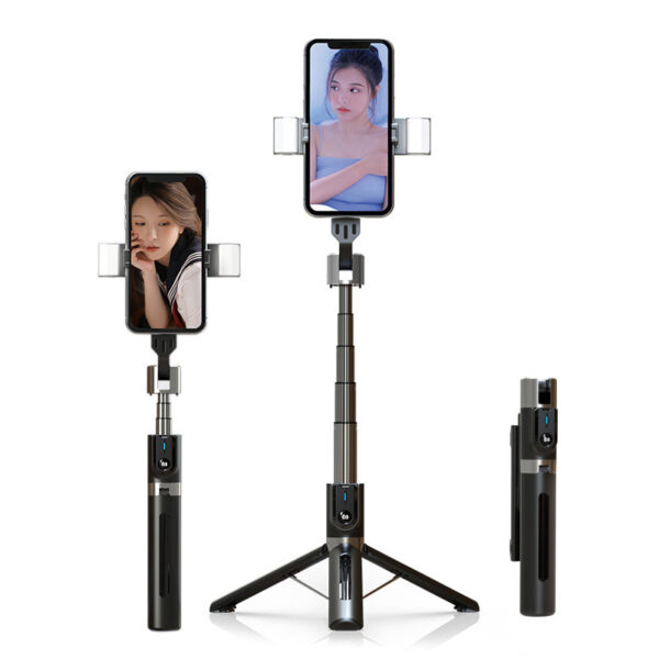 UCHWYT SELFIE - z odpinanym pilotem bluetooth, tripodem i lampami LED - P96D-2 CZARNY - obrazek 2