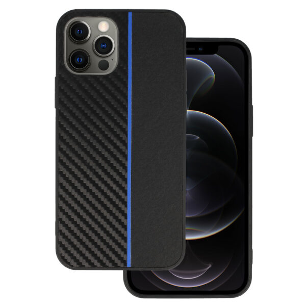 Tel Protect CARBON Case do Iphone 12 Pro Max Czarny z niebieskim paskiem