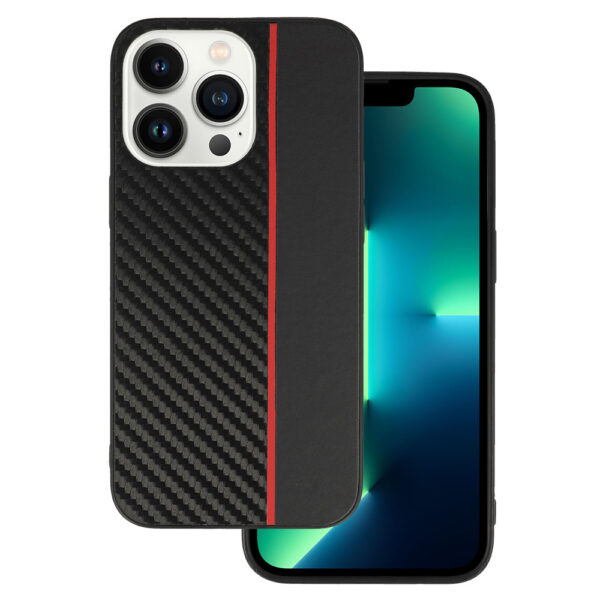 Tel Protect CARBON Case do Iphone 13 Pro Czarny z czerwonym paskiem