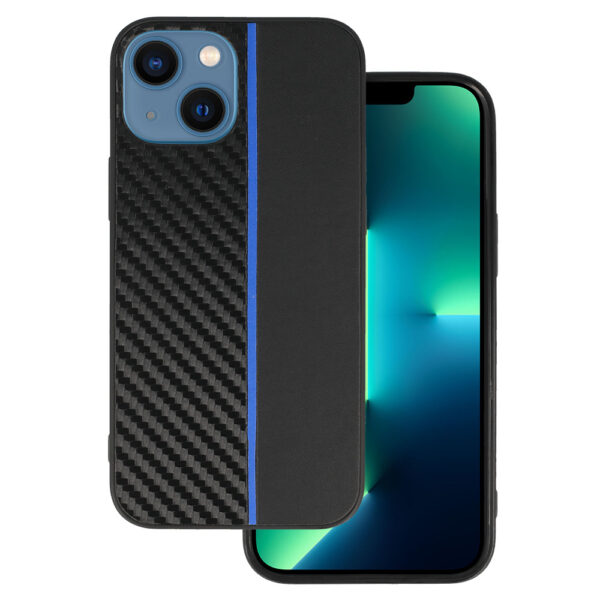 Tel Protect CARBON Case do Iphone 13 Mini Czarny z niebieskim paskiem