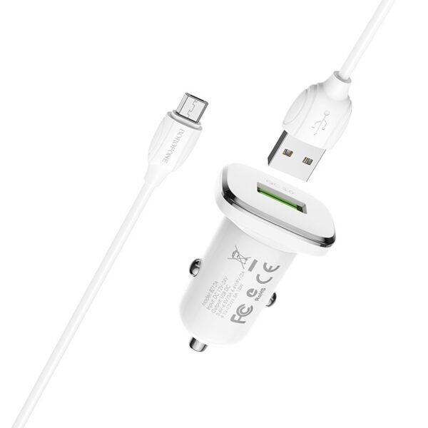 Borofone Ładowarka samochodowa BZ12A Lasting Power - USB - QC 3.0 18W 3A z kablem USB na Micro USB biała