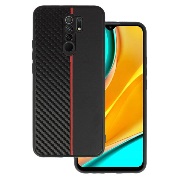 Tel Protect CARBON Case do Xiaomi Redmi 9 Czarny z czerwonym paskiem