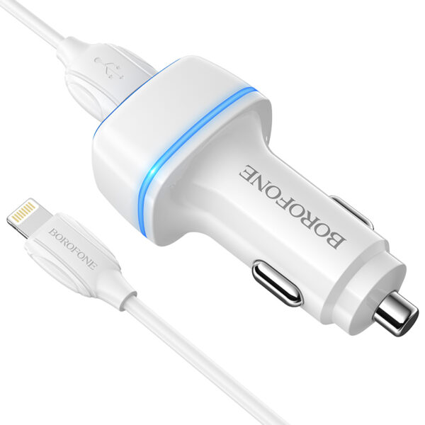 Borofone Ładowarka samochodowa BZ14 Max - 2xUSB - 2,4A z kablem USB na Lightning biała