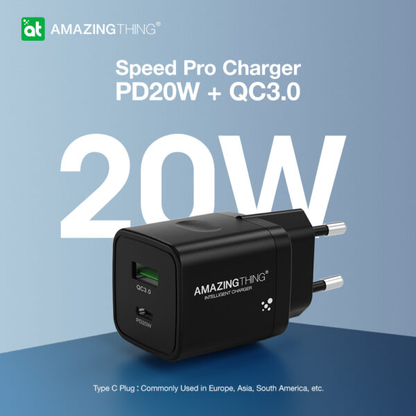 Amazing Thing Ładowarka sieciowa Speed Pro EUPD20WB - USB + Typ C - QC 3.0 PD 20W 3A czarna - obrazek 5