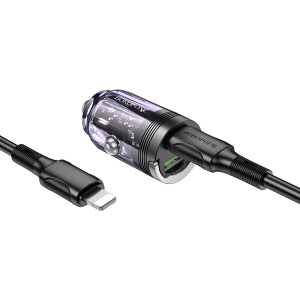 Borofone Ładowarka samochodowa BZ29A Talented - USB + Typ C - QC 3.0 PD 36W 3A z kablem Typ C na Lightning przezroczysto-fioletowa - obrazek 2