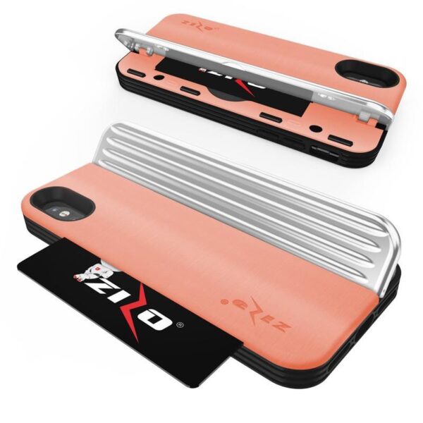 Zizo Retro Series - Etui iPhone Xs / X z kieszenią na karty + podstawka + szkło 9H na ekran (Peach/Silver) - obrazek 4