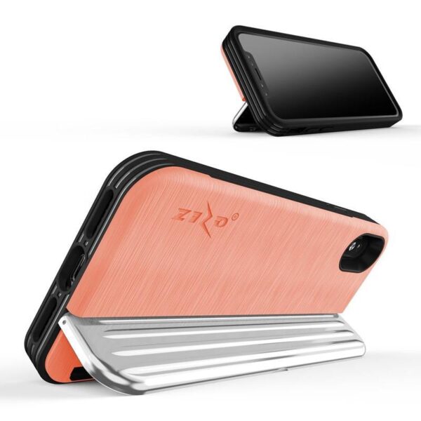 Zizo Retro Series - Etui iPhone Xs / X z kieszenią na karty + podstawka + szkło 9H na ekran (Peach/Silver) - obrazek 5