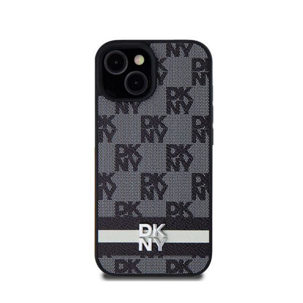 DKNY Leather Checkered Mono Pattern & Printed Stripes - Etui iPhone 15 Plus / 14 Plus (czarny) - obrazek 3