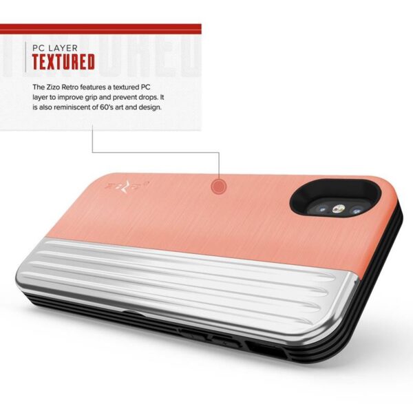 Zizo Retro Series - Etui iPhone Xs / X z kieszenią na karty + podstawka + szkło 9H na ekran (Peach/Silver) - obrazek 7