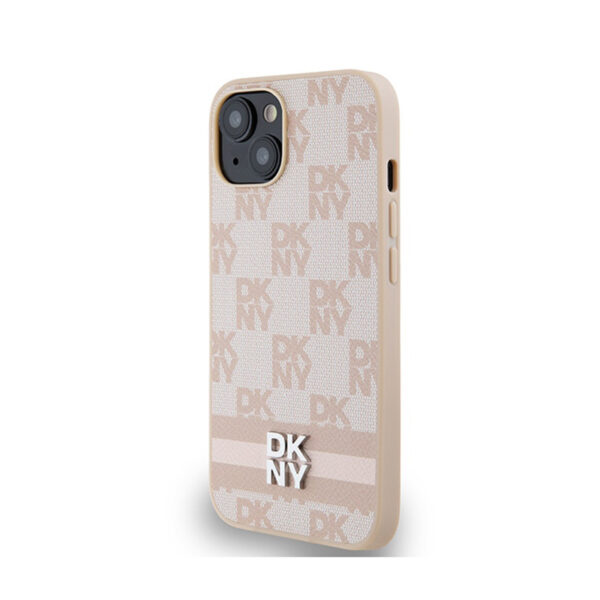 DKNY Leather Checkered Mono Pattern & Printed Stripes - Etui iPhone 15 Plus / 14 Plus (różowy) - obrazek 2