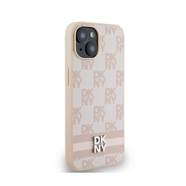 DKNY Leather Checkered Mono Pattern & Printed Stripes - Etui iPhone 15 Plus / 14 Plus (różowy) - obrazek 4