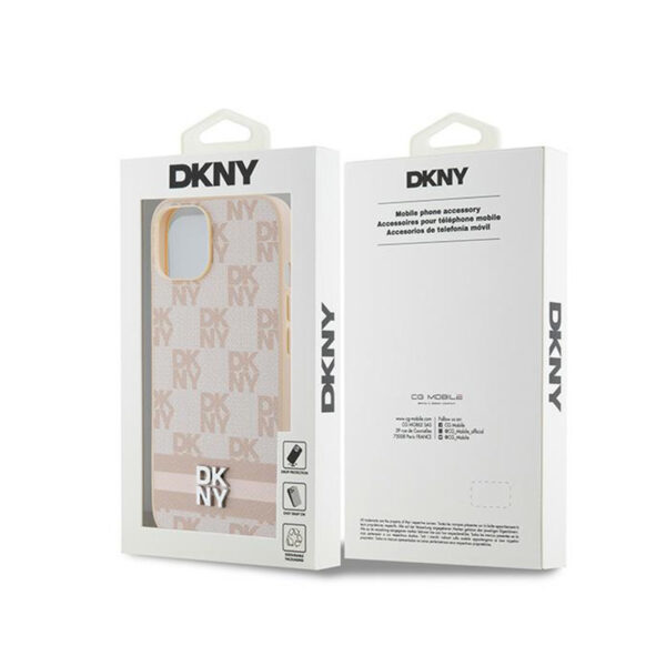 DKNY Leather Checkered Mono Pattern & Printed Stripes - Etui iPhone 15 Plus / 14 Plus (różowy) - obrazek 8