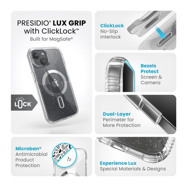 Speck Presidio Lux Grip ClickLock & Magsafe - Etui iPhone 15 / iPhone 14 / iPhone 13 (Clear / Platinium Glitter / Chrome Finish / Serene Silver) - obrazek 5