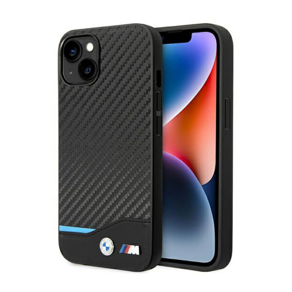 BMW Leather Carbon Blue Line  - Etui iPhone 14 Plus (Czarny)