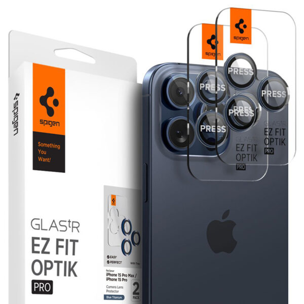 Spigen Optik.TR EZ Fit Camera Lens Protector 2-Pack - Szkło ochronne na obiektyw do iPhone 15 Pro / 15 Pro Max / iPhone 14 Pro / 14 Pro Max (2 szt) (Blue Titani