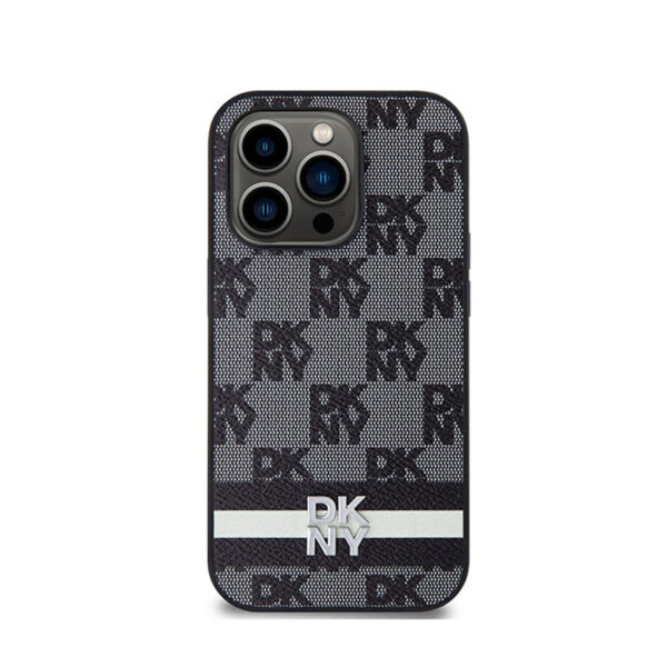 DKNY Leather Checkered Mono Pattern & Printed Stripes - Etui iPhone 14 Pro (czarny) - obrazek 3