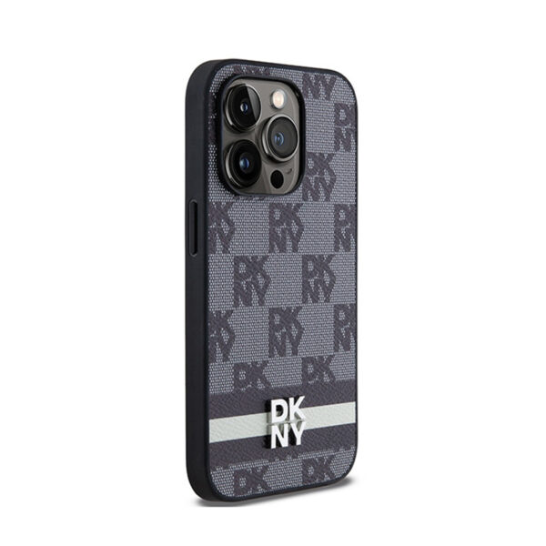 DKNY Leather Checkered Mono Pattern & Printed Stripes - Etui iPhone 14 Pro (czarny) - obrazek 4