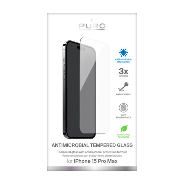 PURO Anti-Bacterial Tempered Glass - Szkło ochronne hartowane z ochroną antybakteryjną iPhone 15 Pro Max - obrazek 2