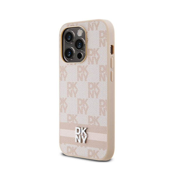 DKNY Leather Checkered Mono Pattern & Printed Stripes - Etui iPhone 14 Pro (różowy) - obrazek 2