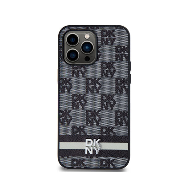 DKNY Leather Checkered Mono Pattern & Printed Stripes - Etui iPhone 14 Pro Max (czarny) - obrazek 3