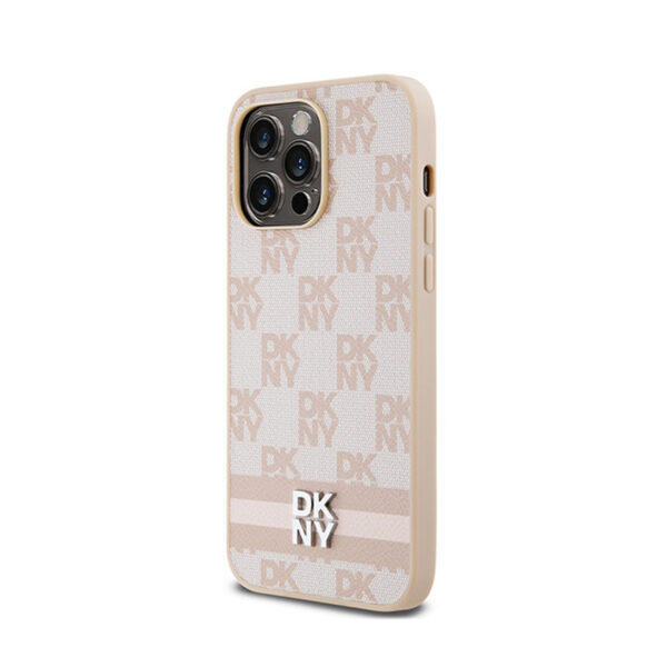 DKNY Leather Checkered Mono Pattern & Printed Stripes - Etui iPhone 14 Pro Max (różowy) - obrazek 2