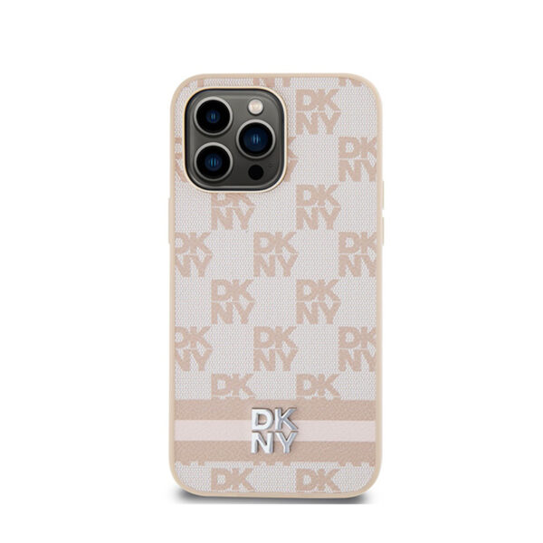 DKNY Leather Checkered Mono Pattern & Printed Stripes - Etui iPhone 14 Pro Max (różowy) - obrazek 3