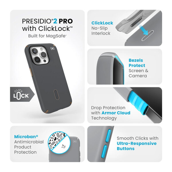 Speck Presidio2 Pro ClickLock & MagSafe - Etui iPhone 15 Pro (Charcoal Grey / Cool Bronze) - obrazek 3