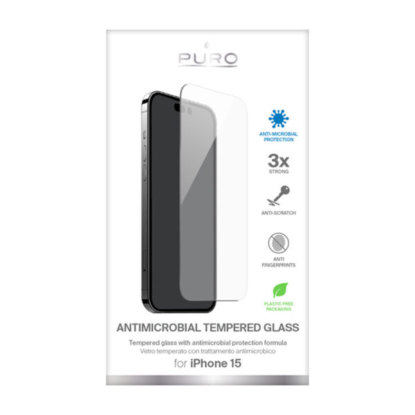 PURO Anti-Bacterial Tempered Glass - Szkło ochronne hartowane z ochroną antybakteryjną iPhone 15 - obrazek 2