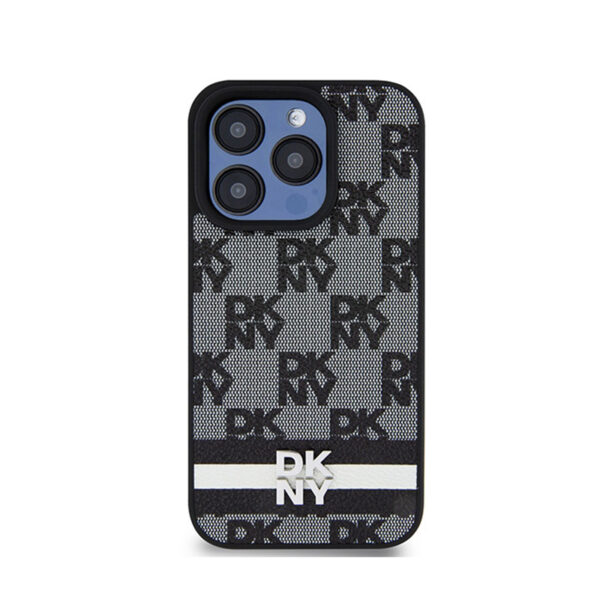 DKNY Leather Checkered Mono Pattern & Printed Stripes - Etui iPhone 15 Pro (czarny) - obrazek 3