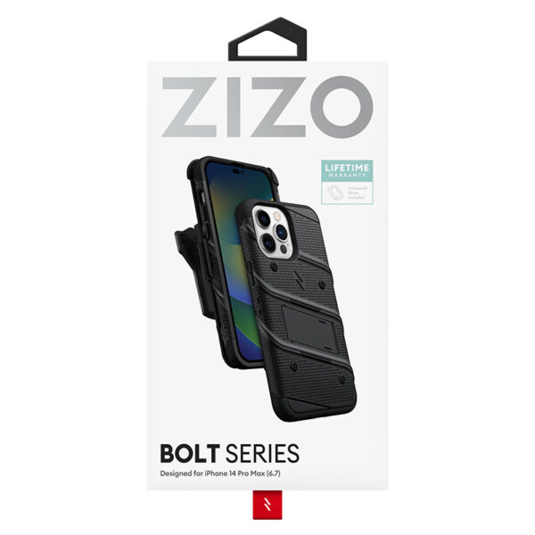 ZIZO BOLT Series - Pancerne etui iPhone 14 Pro Max ze szkłem 9H na ekran + uchwyt z podstawką (czarny) - obrazek 7