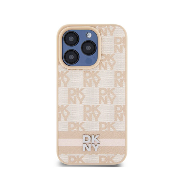 DKNY Leather Checkered Mono Pattern & Printed Stripes - Etui iPhone 15 Pro (różowy) - obrazek 3