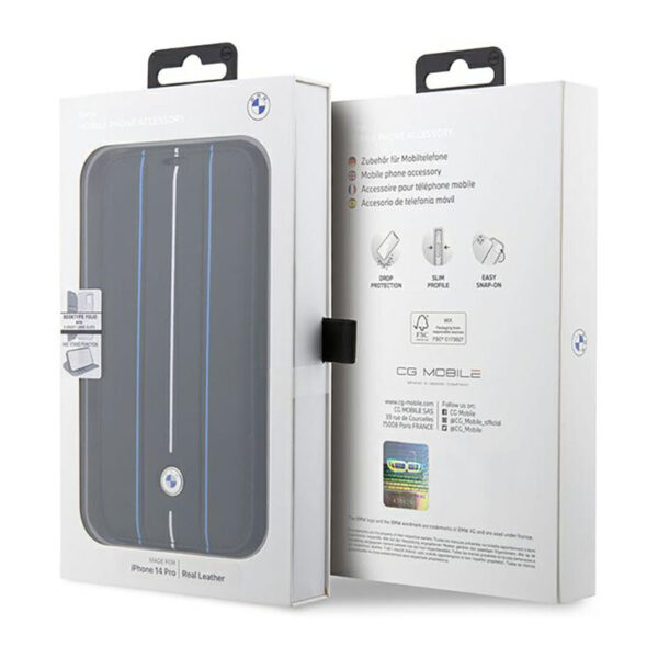 BMW Booktype Leather Stamp Blue Lines - Etui iPhone 14 Pro (czarny) - obrazek 7