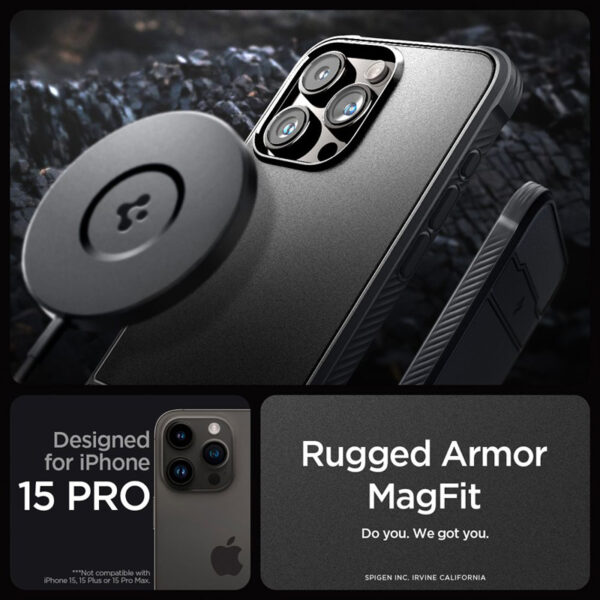 Spigen Rugged Armor Mag MagSafe - Etui do iPhone 15 Pro (Matte Black) - obrazek 11