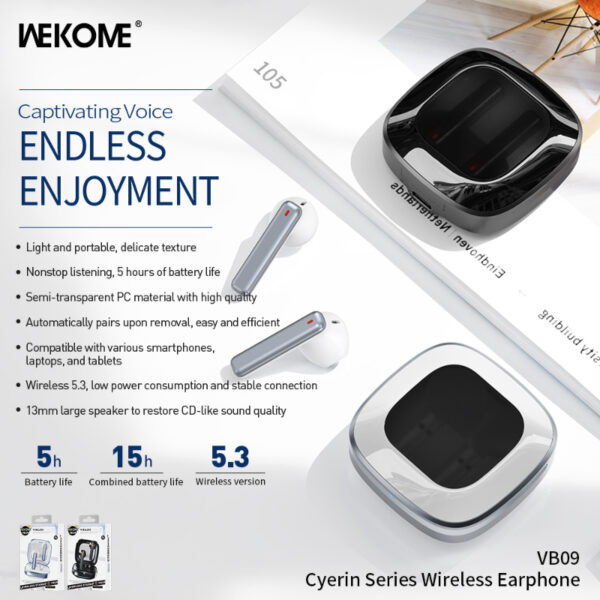 WEKOME VB09 Cyerin Series - Bezprzewodowe słuchawki Bluetooth V5.3 TWS z etui ładującym (Czarny) - obrazek 3