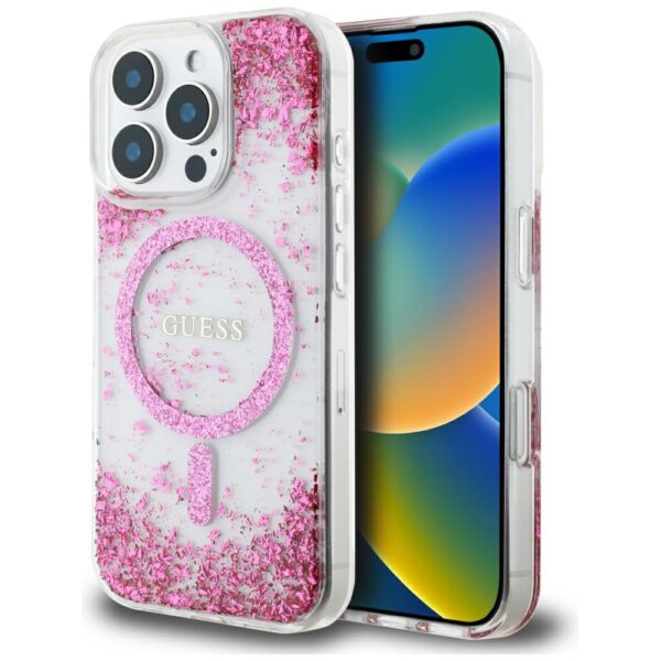 Etui Guess HC Resin Bottom Glitter do     iPhone 16 Pro Max MagSafe różowy